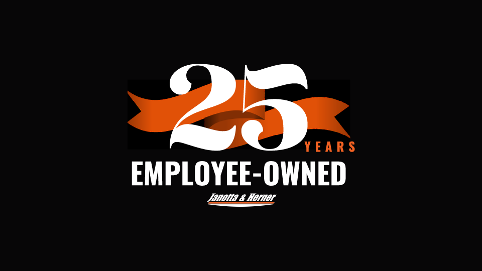 enlarged number "25" with an orange ribbon behind it, on a black background